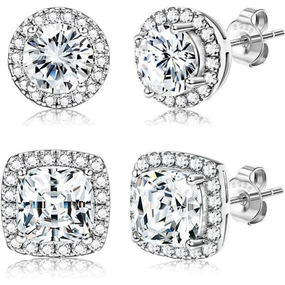 18K Gold Plated Stud Earrings Set Round Square CZ Sterling Silver Hypoallergenic - Picture 1 of 7